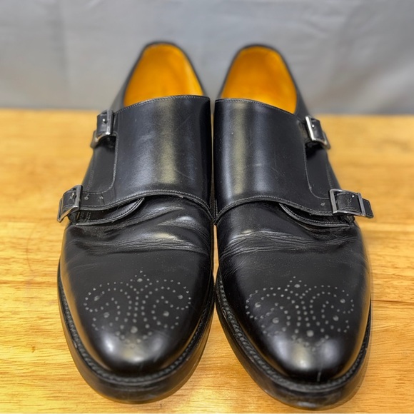 Canali Double Monk Strap Shoes Mens Black Leather Vibram Sole Size 11.5